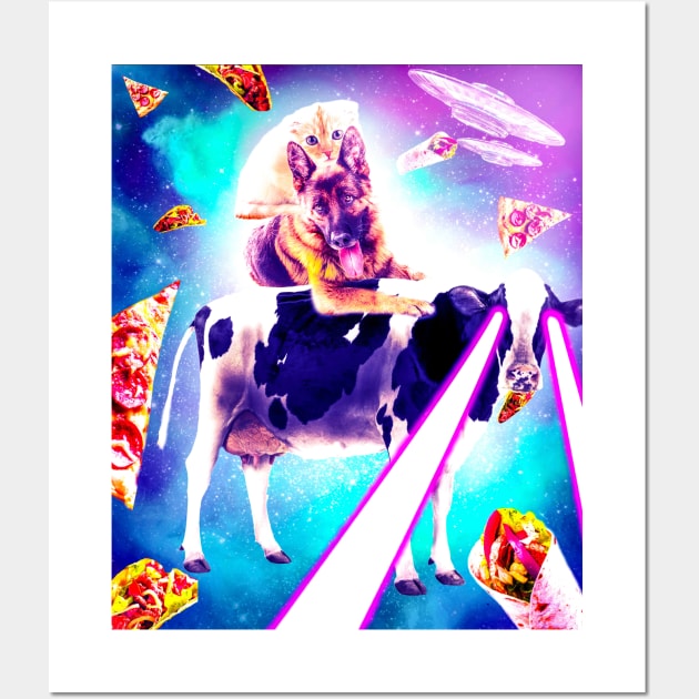 Space Cat Riding Dog And Laser Eyes Cow Wall Art by Random Galaxy